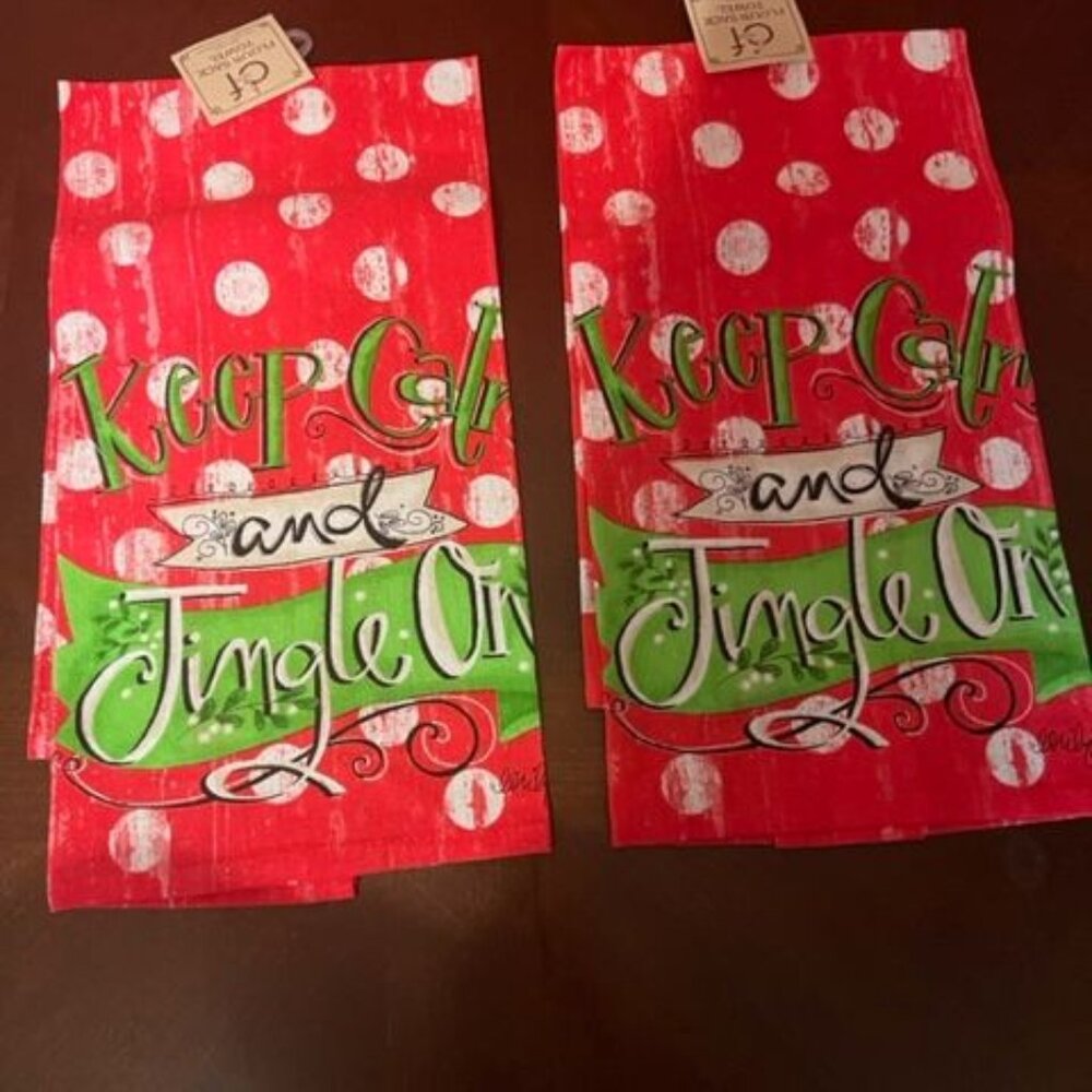 C&F Christmas Flour Sack Towels Keep Calm & Jingle On Polka Dot set of 2